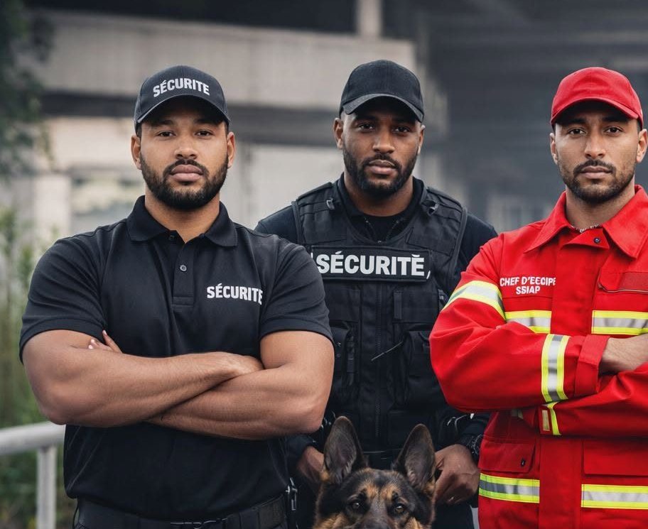 Agents de sécurité ASPP en uniforme, un agent incendie SSIAP en tenue rouge et un chien de défense